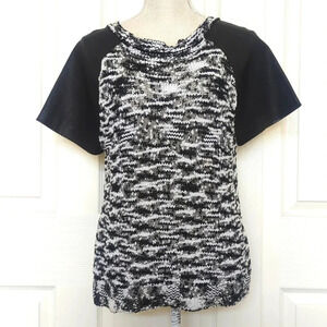 Social-Work NY Black and White Knit Blouse with Faux leather Sleeves